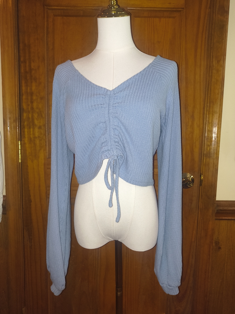 Light Blue Ruched Drawcord Long-Sleeve Crop Top